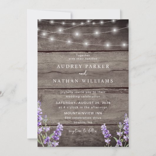 Rustic Wood String Lights Lavender Wedding Kaart (Voorkant)