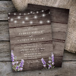 Rustic Wood String Lights Lavender Wedding Kaart<br><div class="desc">Robuust hout afdrukken met lavender en witte touwlichten trouwuitnodiging.</div>