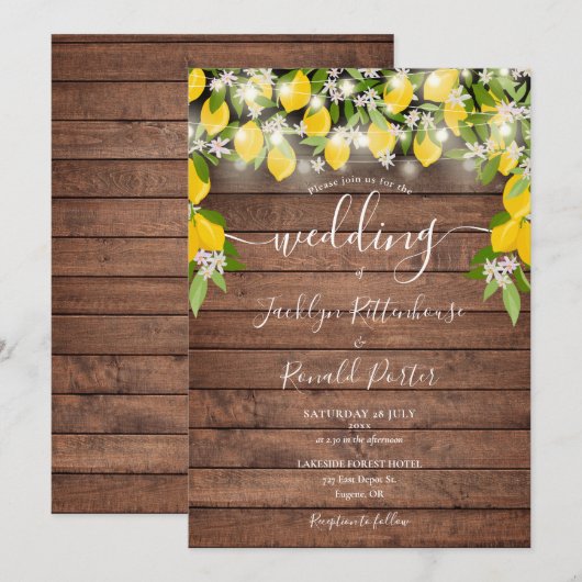 Rustic Wood String Lights Lemons Blossom Wedding Kaart (Voorkant / Achterkant)