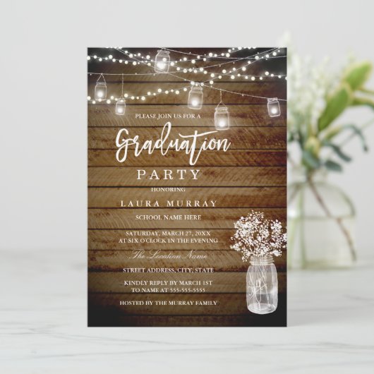 Rustic Wood String Lights Mason Graduation Party Kaart (Staand voorkant)
