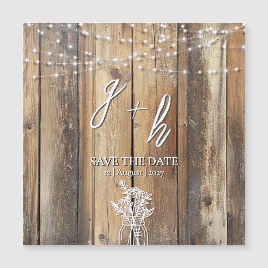 Rustic Wood String Lights Mason Jar Save the Dates (Voorkant)