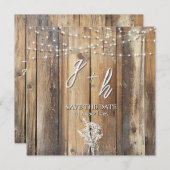 Rustic Wood String Lights Mason Jar Save the Dates (Voorkant / Achterkant)