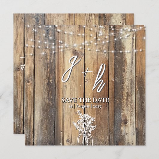 Rustic Wood String Lights Mason Jar Save the Dates (Voorkant / Achterkant)