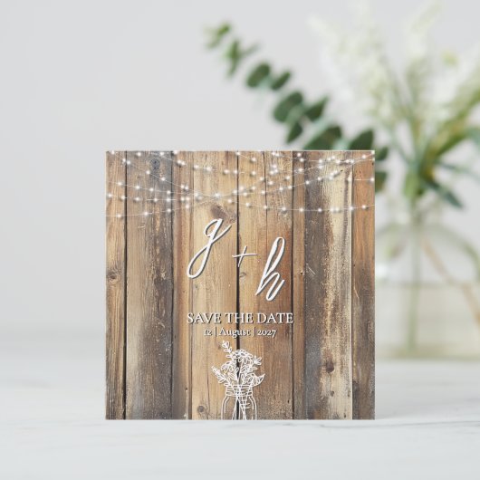 Rustic Wood String Lights Mason Jar Save the Dates (Staand voorkant)