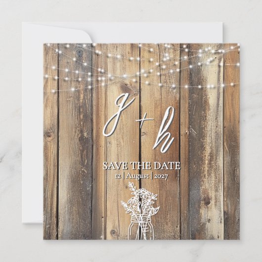 Rustic Wood String Lights Mason Jar Save the Dates (Voorkant)