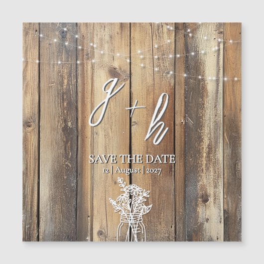 Rustic Wood String Lights Mason Jar Save the Dates (Voorkant)