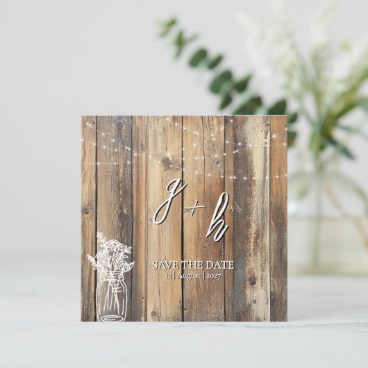 Rustic Wood String Lights Mason Jar Save the Dates (Staand voorkant)