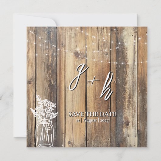 Rustic Wood String Lights Mason Jar Save the Dates (Voorkant)