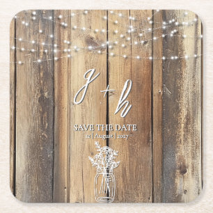 Rustic Wood String Lights Mason Jar Save the Dates Kartonnen Onderzetters