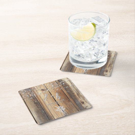 Rustic Wood String Lights Mason Jar Save the Dates Kartonnen Onderzetters (Insitu)