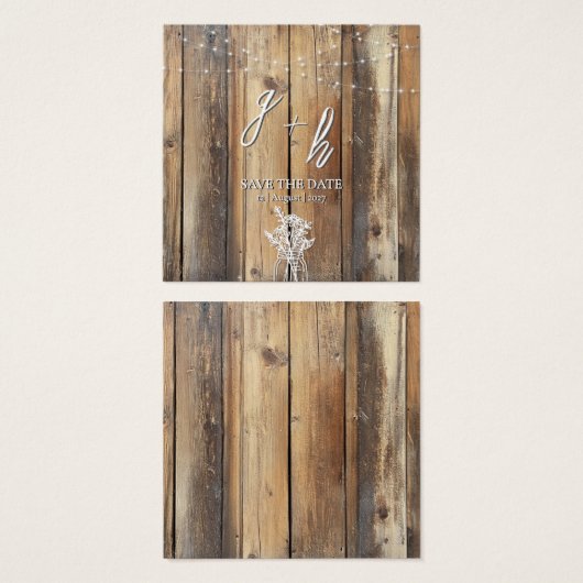 Rustic Wood String Lights Mason Jar Save the Dates Vierkante Visitekaartjes (Voorkant /achterkant)