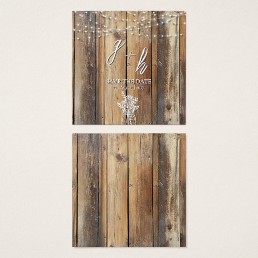 Rustic Wood String Lights Mason Jar Save the Dates Vierkante Visitekaartjes (Voorkant /achterkant)