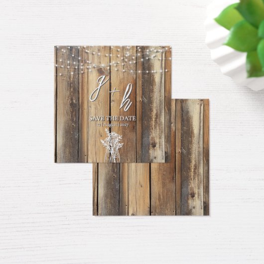 Rustic Wood String Lights Mason Jar Save the Dates Vierkante Visitekaartjes (Bureau)