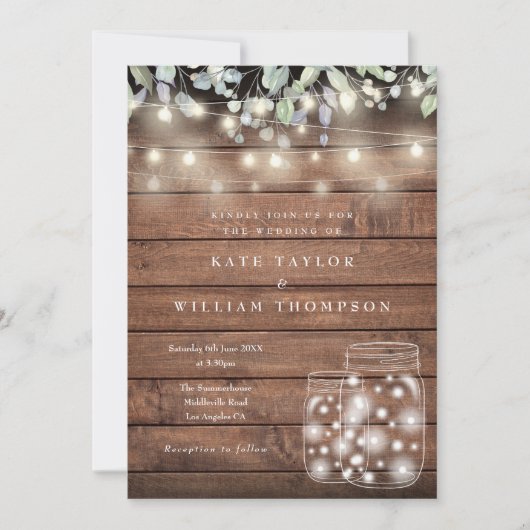 Rustic Wood String Lights Mason Jar Wedding Kaart (Voorkant)