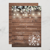 Rustic Wood String Lights Mason Jar Wedding Kaart (Voorkant / Achterkant)