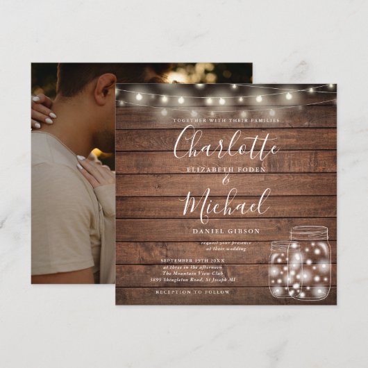Rustic Wood String Lights Mason Jar Wedding Photo Kaart (Voorkant / Achterkant)