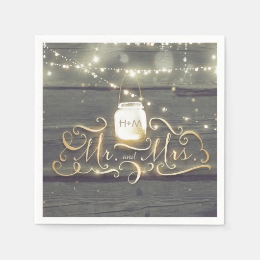 Rustic Wood String Lights Mason Jar Wedding Servetten (Voorkant)