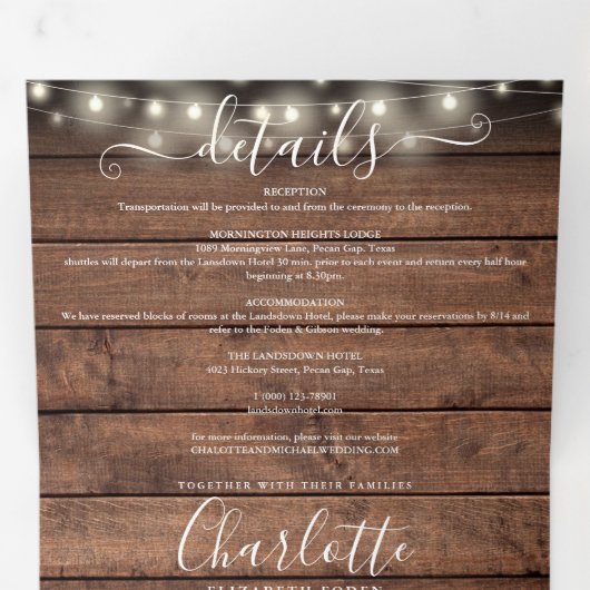 Rustic Wood String Lights Mason Jars Photo Wedding Drieluik Uitnodiging (Binnenzijde eerst)