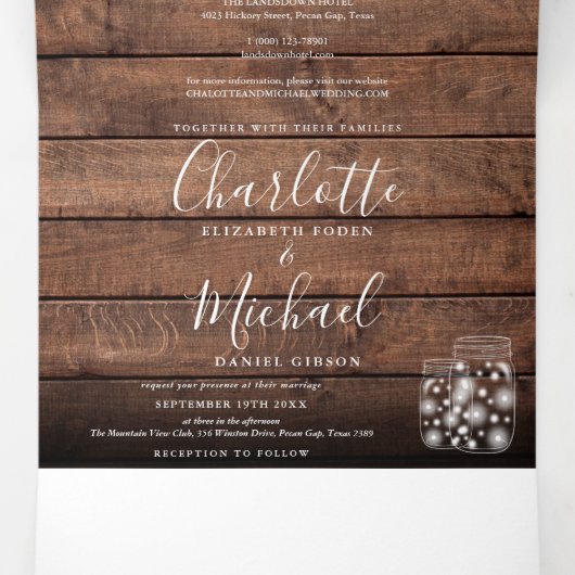 Rustic Wood String Lights Mason Jars Photo Wedding Drieluik Uitnodiging (Binnenkant midden)