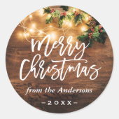 Rustic Wood String Lights Merry Kerstfeestdag Ronde Sticker (Voorkant)