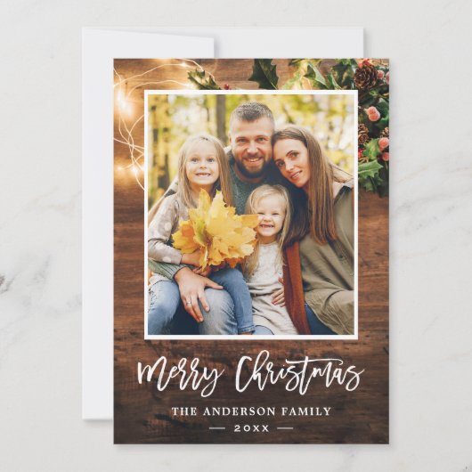 Rustic Wood String Lights Merry kerstfoto Feestdagenkaart (Voorkant)