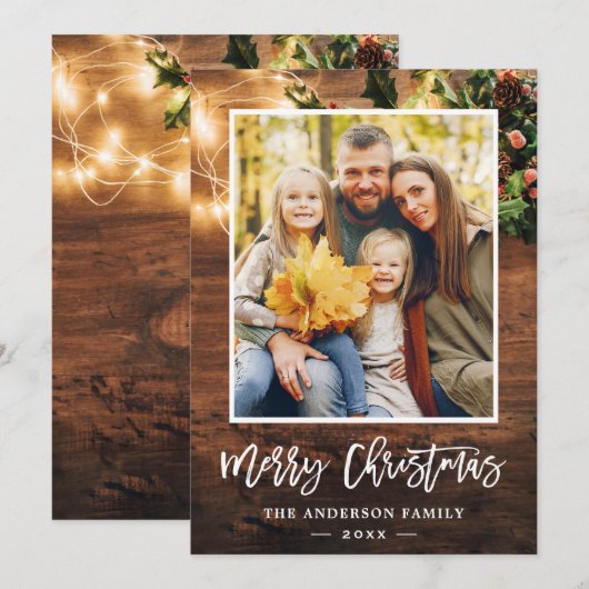 Rustic Wood String Lights Merry kerstfoto Feestdagenkaart (Voorkant / Achterkant)