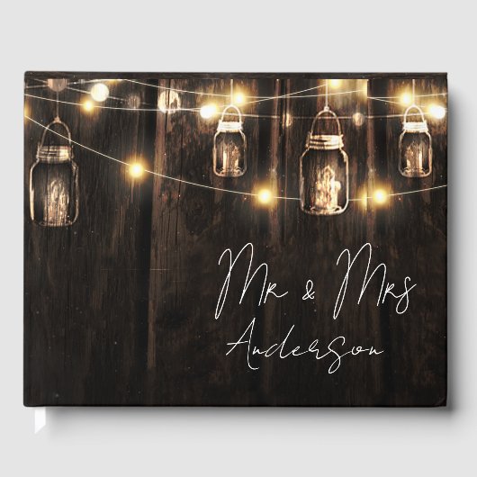 Rustic Wood String Lights Mr & Mrs Wedding Gastenboek (Voorkant)