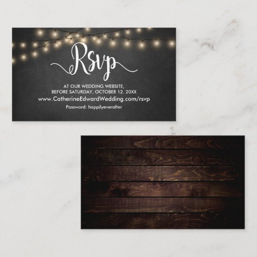 Rustic Wood, String Lights, online RSVP-website En Informatiekaartje (Voorkant / Achterkant)