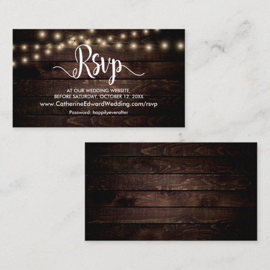 Rustic Wood, String Lights, online RSVP-website Informatiekaartje (Voorkant / Achterkant)