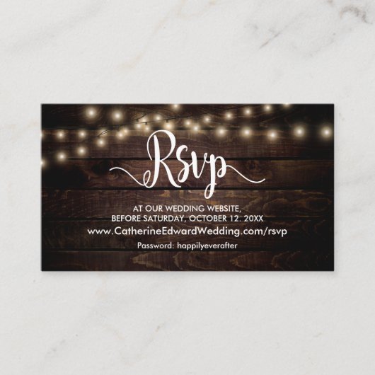Rustic Wood, String Lights, online RSVP-website Informatiekaartje (Voorkant)