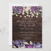 Rustic Wood String Lights Paarse Floral Bridal Kaart (Voorkant)