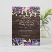 Rustic Wood String Lights Paarse Floral Bridal Kaart (Staand voorkant)