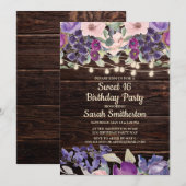 Rustic Wood String Lights Paarse Floral Sweet 16 Kaart (Voorkant / Achterkant)