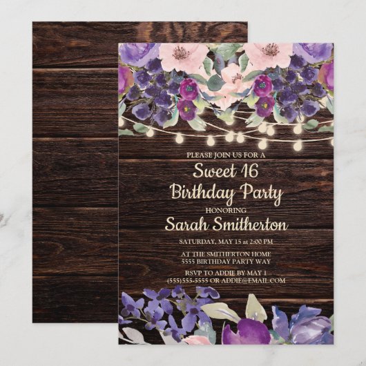 Rustic Wood String Lights Paarse Floral Sweet 16 Kaart (Voorkant / Achterkant)