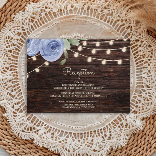 Rustic Wood String Lights Periwinkle Blue Floral Informatiekaartje