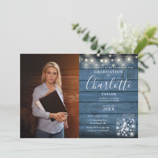 Rustic Wood String Lights Photo Graduparty Kaart (Staand voorkant)