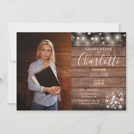 Rustic Wood String Lights Photo Graduparty Kaart (Voorkant)
