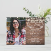 Rustic Wood String Lights Photo Graduparty Kaart (Staand voorkant)