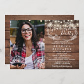 Rustic Wood String Lights Photo Graduparty Kaart (Voorkant / Achterkant)