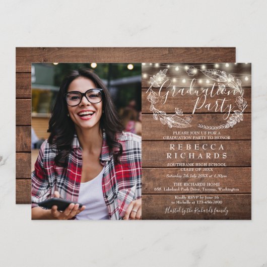 Rustic Wood String Lights Photo Graduparty Kaart (Voorkant / Achterkant)