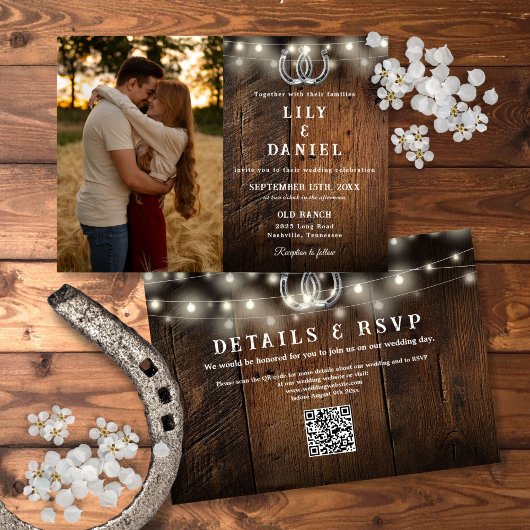 Rustic Wood String Lights Photo QR Code Wedding Kaart