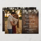 Rustic Wood String Lights Photo QR code Wedding Kaart (Voorkant / Achterkant)