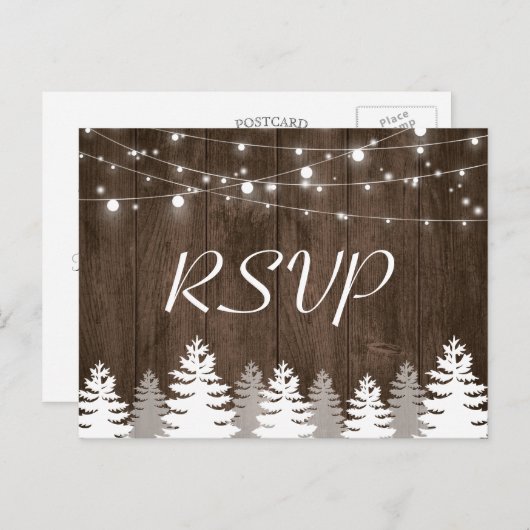 Rustic Wood String Lights Pine Trees Wedding RSVP Uitnodiging Briefkaart (Voorkant / Achterkant)
