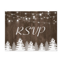 Rustic Wood String Lights Pine Trees Wedding RSVP