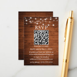Rustic Wood String Lights QR Wedding RSVP Informatiekaartje