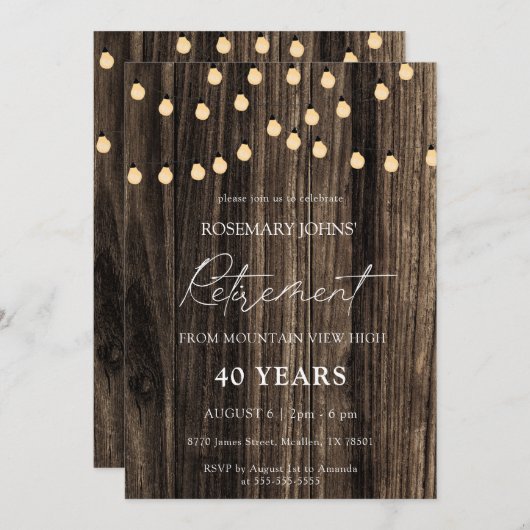 Rustic Wood String Lights Retirement Kaart (Voorkant / Achterkant)