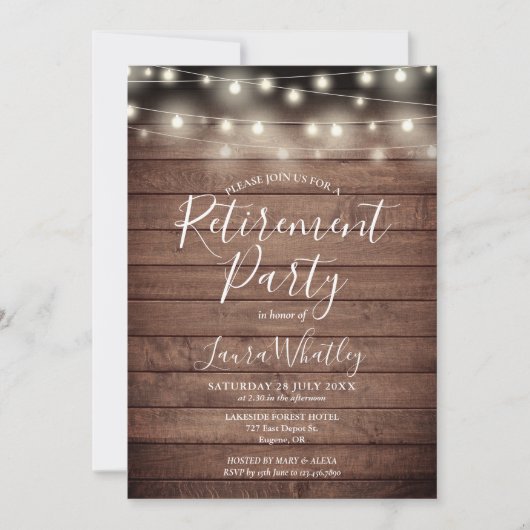 Rustic Wood String Lights Retirement Party Kaart (Voorkant)