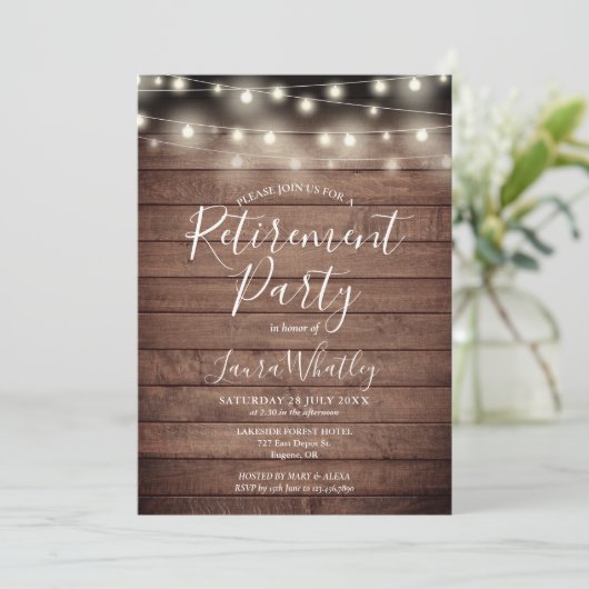 Rustic Wood String Lights Retirement Party Kaart (Staand voorkant)