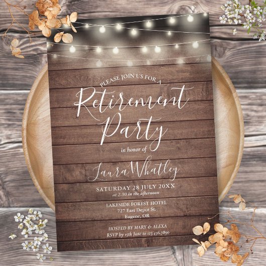 Rustic Wood String Lights Retirement Party Kaart