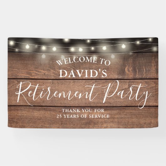 Rustic Wood String Lights Retirement Party Spandoek (Horizontaal)
